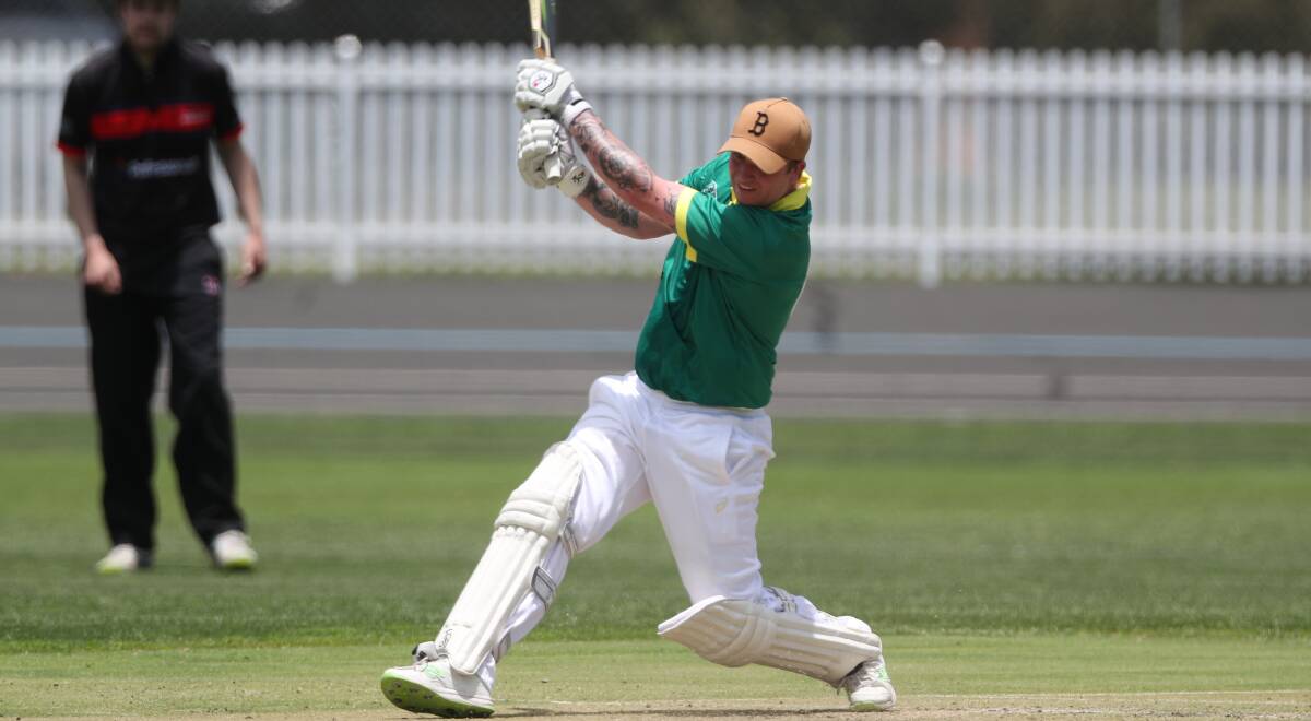 AWAY IT GOES: Joel Gurney slashes a shot towards the covers during a match against Bathurst City earlier this season. Photo: PHIL BLATCH