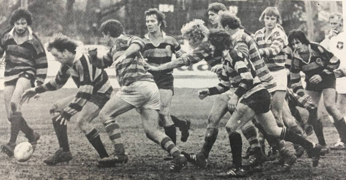 Bathurst and Mitchell forwards chase a loose ball during the 1977 Central West Rugby first grade grand final.