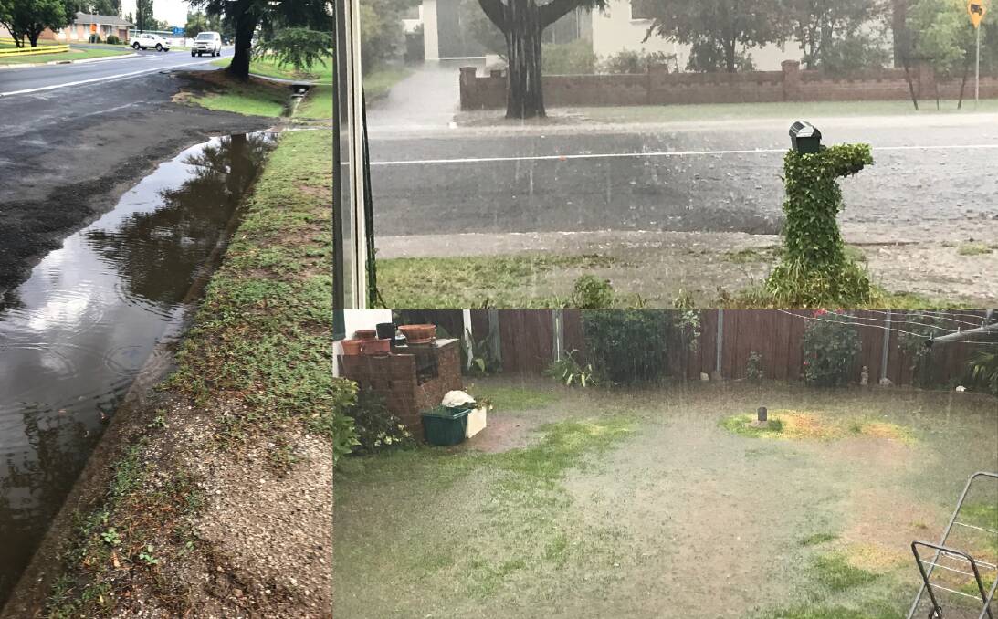 FLOOD: Photos from Vittoria Street. Left: Water lingering after rain is not falling. Top right: Water covering the road during the rain. Bottom right: Mark Ryan's backyard completely flooded. Photos: SUPPLIED