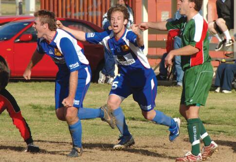 RETURN: Adam Collins and Mitch Housler celebrate a goal in the 2008 WPL grand final. The Bathurst club could be back in the WPL in 2022. 