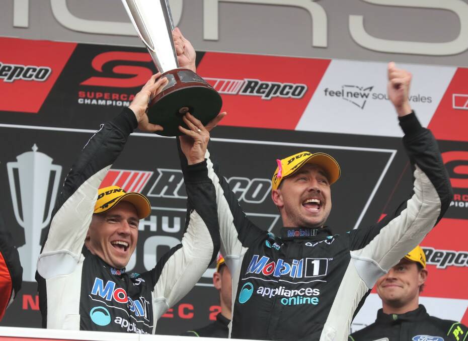 ELATION: Lee Holdsworth and Chaz Mostert celebrate their Bathurst 1000 victory earlier this month. Photo: PHIL BLATCH