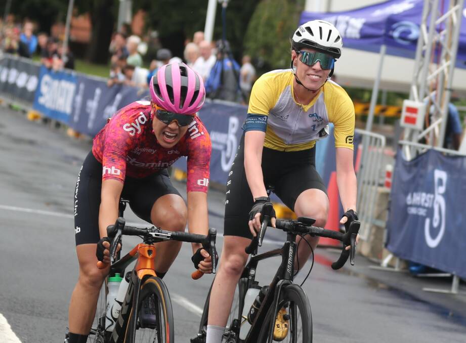 WINNER: Emily Watts (right) finished ahead of Gina Ricardo to win the Bathurst Cycling Classic women's road races on Sunday. Photo: PHIL BLATCH