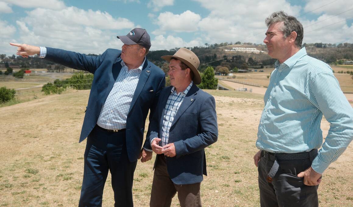 Greyhound Racing NSW CEO Rob Macaulay, Bathurst MP Paul Toole and Greyhound Breeders Owners and Trainers Association NSW interim boss Daniel Wiezman survey a potential parcel of land that could host a greyhound racing centre of excellence on Monday, November 6. Picture by James Arrow