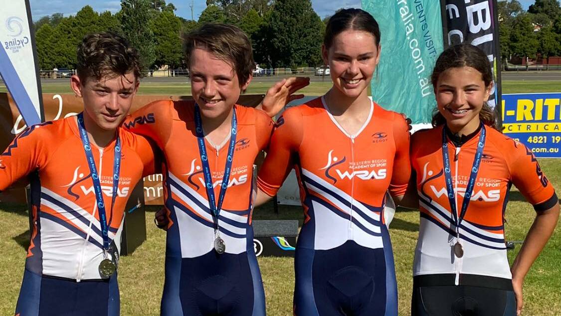 MEDALS: Left to right: Bathurst Cycling Club talents Cadel Lovett, Xavier Bland Silver and Ebony Robinson, with Lidcombe's Anna Dubier. Photo: BATHURST CYCLING CLUB FACEBOOK PAGE