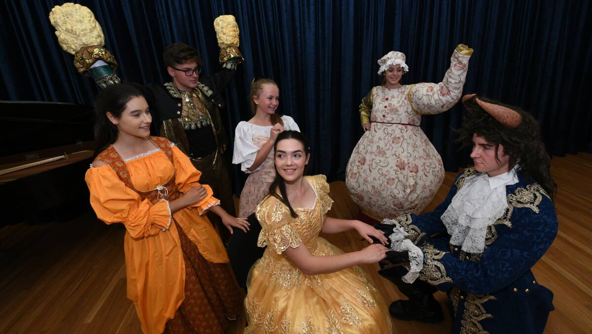 BEAUTY AND THE  BEAST: Front: Holly Hare (Belle) with Harry Dickerson (Beast). Back: Samantha Porter (Silly Girl), Dylan Boniface (Lumiere), Natalie Mawhood (Enchantress) and Mia Wallace (Mrs Potts). Photo: CHRIS SEABROOK 031219cbeast