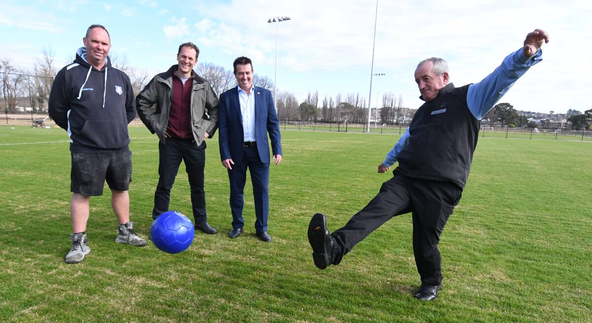 GOALS: Bathurst District Football president Andrew Speed, councillor Jess Jennings, State MP Paul Toole, with deputy mayor Bobby  Bourke.