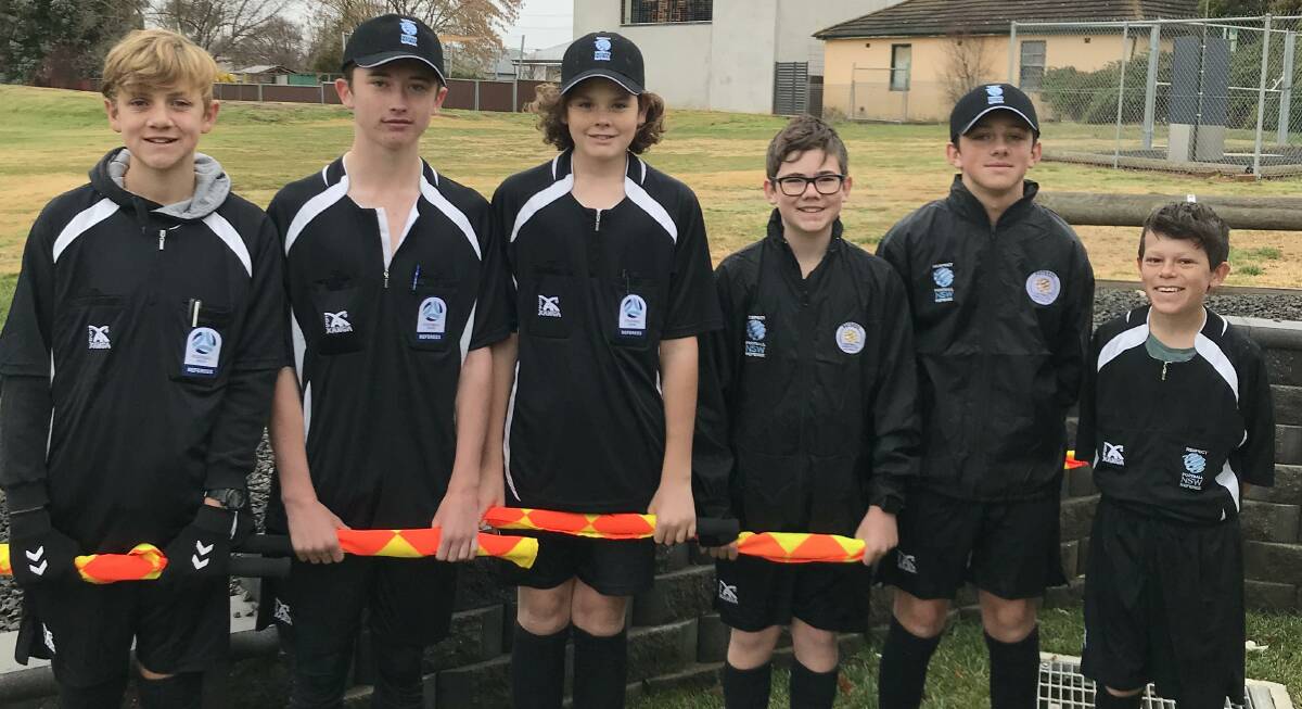 REFS: Some of Bathurst Football Referees Association's newest referees, heading out to their first appointments on a cold Saturday morning. Left to right: Jacob Moxon, Austin O'Shannessy, Zeb Death, Harry Cooper, Austin Comerford and Marcus Lewin. Photo: CONTRIBUTED 
