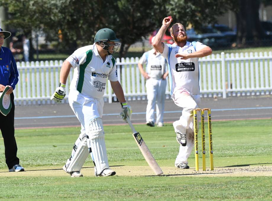 CLOSING IN ON WIN: City Colts bowler Angus Daymond last Saturday, bowling alongside Centennials' batsman Andrew Brown. Photo:CHRIS SEABROOK 022319cents2
