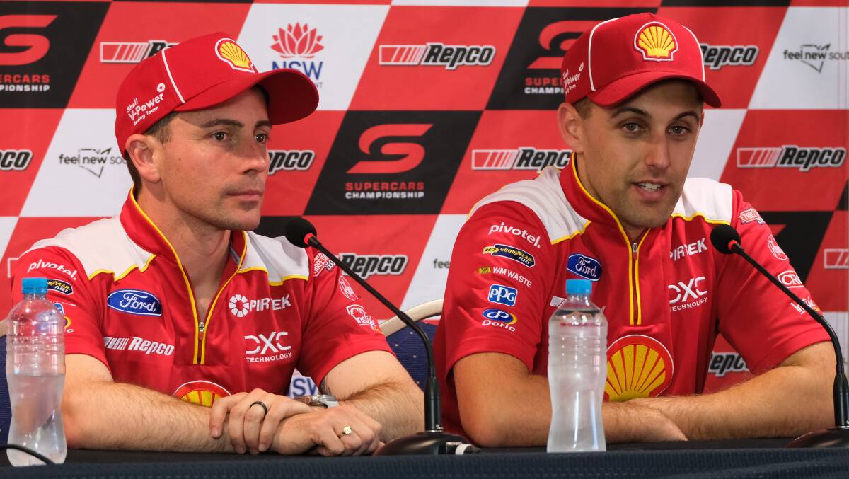 Tony D'Alberto and Anton de Pasquale speak to the media following Sunday's Bathurst 1000 at Mount Panorama. Picture by James Arrow