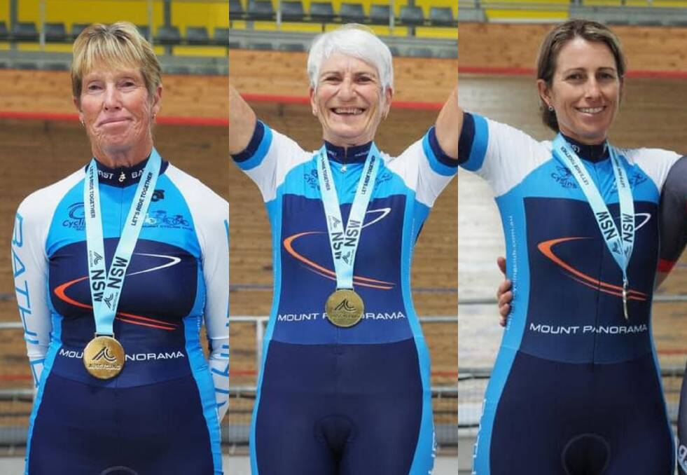 MEDALS: Bathurst cyclist Marian Renshaw, Rosemary Hastings and Toireasa Gallagher cleaned up at the NSW Track Masters Championships. 