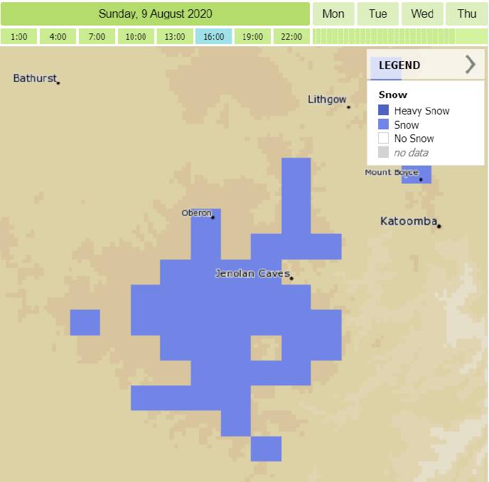 Chance of snow out near Oberon, Jenolan Caves on Sunday