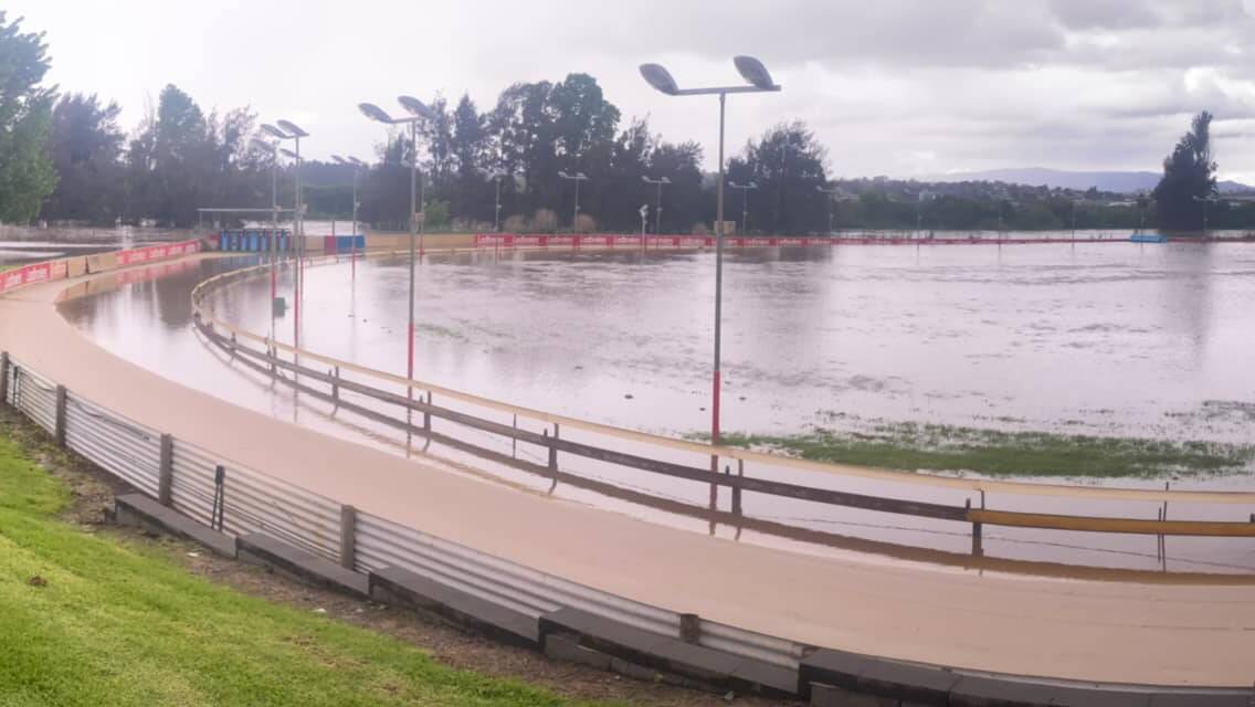 Kennerson Park on water last week. The track will be out of action for at least a fortnight. Picture Bathurst Dogs Facebook page. 