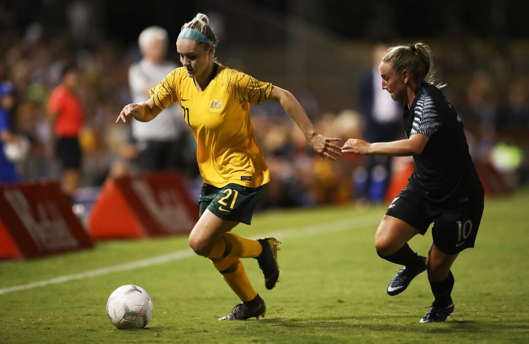 Ellie Carpenter on the ball at the recent Cup of Nations tournament in Australia. Photo: Brendon Thorne