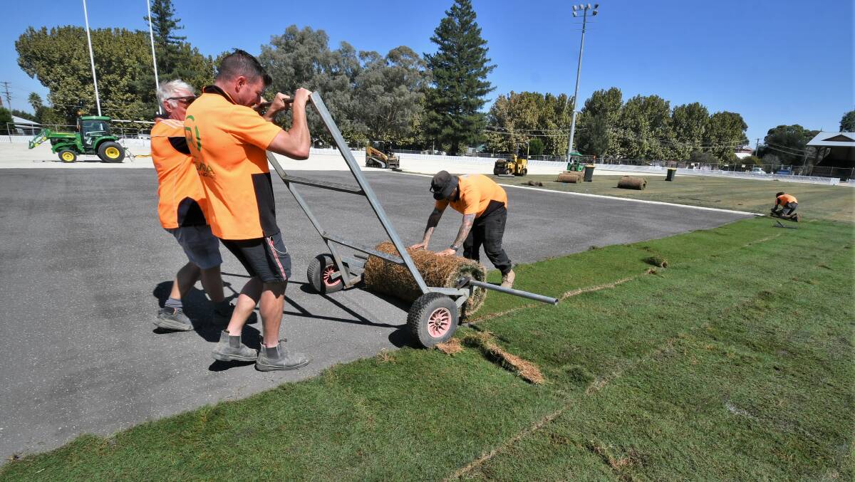 Workmen rolling out the Agri-Dark Couch at the Bathrst Sportsground, Tuesday. When completed, it will cover 15,400 square metres. Photo: CHRIS SEABROOK 040522csptsgrnd2