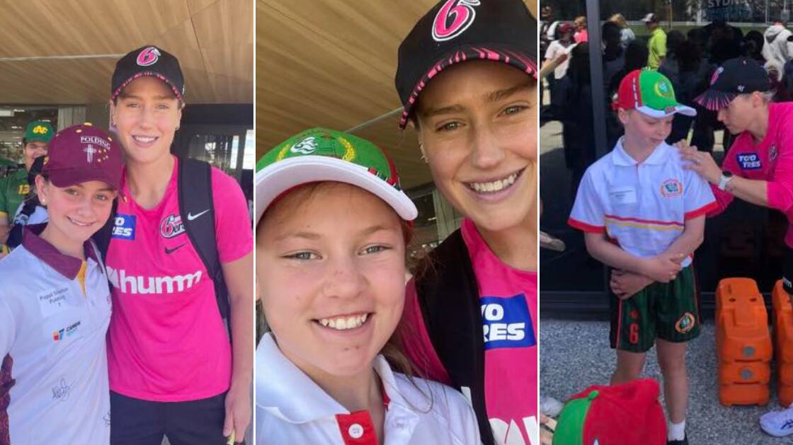 Poppi Stephen, Milla Cole and Charlotte Shoemark met Ellyse Perry and Elissa Healey at a PSSA trial carnival earlier this week. Picture City Colts Facebook page. 