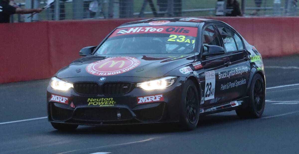 STUNNING WIN: Tim Leahey drives his #23 BMW M3 across the finish line to win the 2019 Bathurst 6 Hour. Photo: PHIL BLATCH