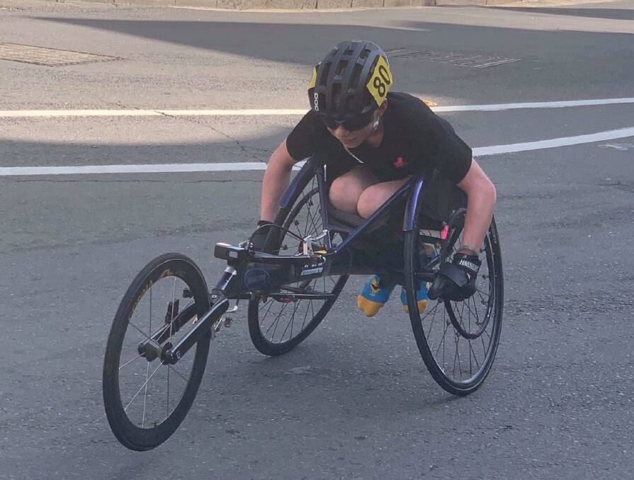 IN ACTION: Waryk Holmes in action at the Oz Day 10km Wheelchair Race in Sydney on Sunday. He was the sixth junior across the finish line. Photo: SUPPLIED