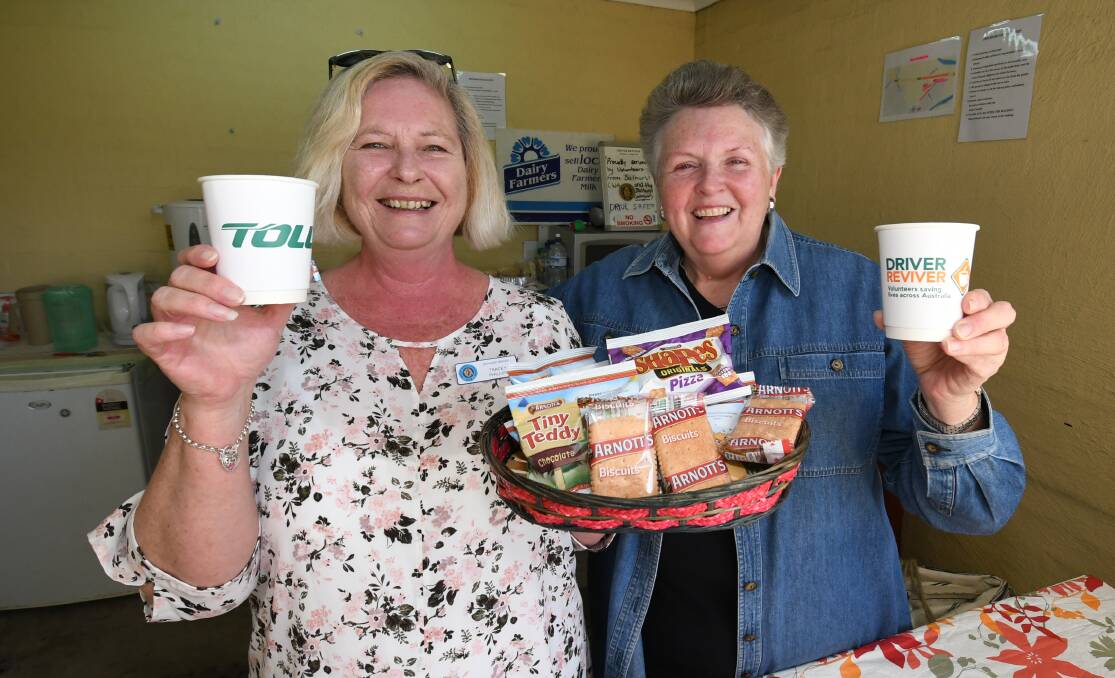TAKE A BREAK: Bathurst CWA volunteers Tracey Phillips and Bronwyn Jones were on hand offering refreshments at the driver reviver on Sunday. Photo: CHRIS SEABROOK 100619cdrvrevr