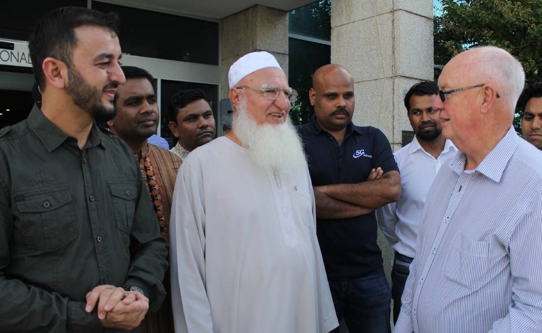 SUPPORT: Members of the Bathurst Muslim community Said Enayat and Wally Abdel, with Bathurst mayor Graeme Hanger met on Thursday afternoon. Photo: BRADLEY JURD