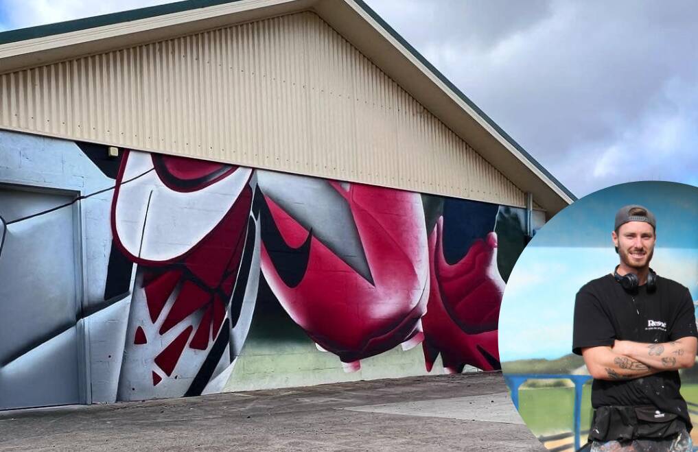 NEW MURAL: Callum Hotham (insert) and his new artwork on a clubhouse at the Proctor Park soccer grounds. 