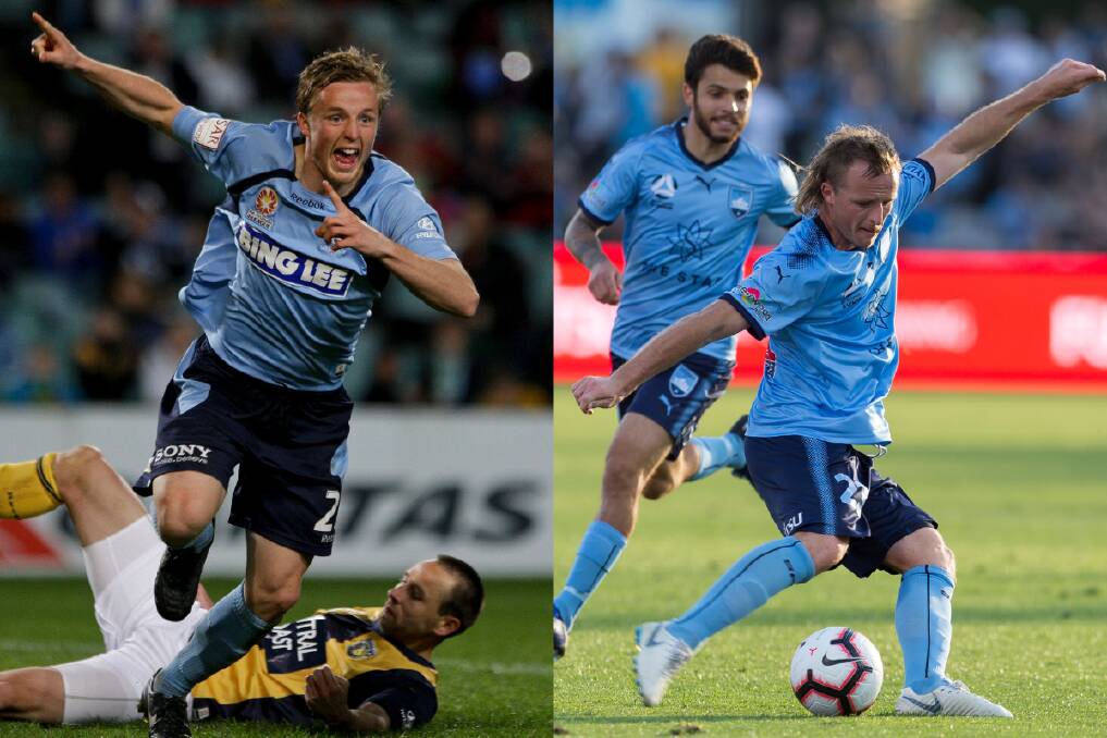 DECADE: Rhyan Grant with Sydney FC in 2010 (left) and in 2018 (right). He'll mark 10 years with the club on Friday night against Perth Glory. 