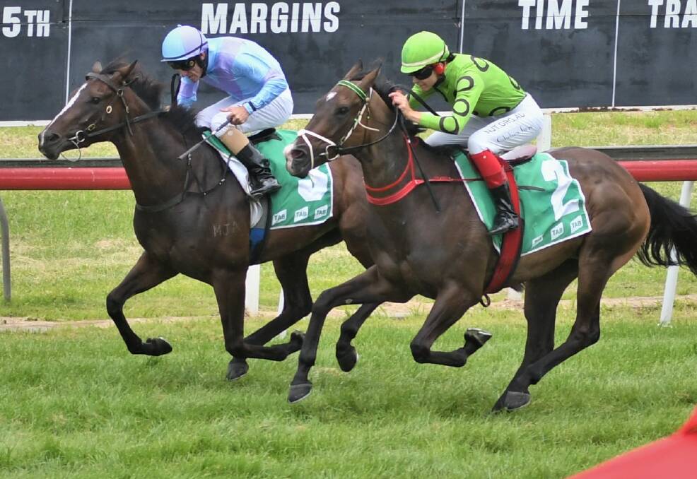 WINNER: Adrian Layt (inside) rides Storm Intensity to victory in the first at Tyers Park in Bathurst on Tuesday afternoon. Photo: CHRIS SEABROOK