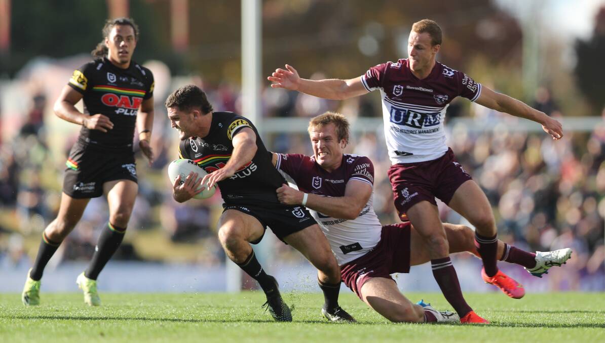 PARADE: Penrith Panthers co-captain Nathan Cleary with the ball in the club's win against Manly at Bathurst earlier this year. Photo: PHIL BLATCH