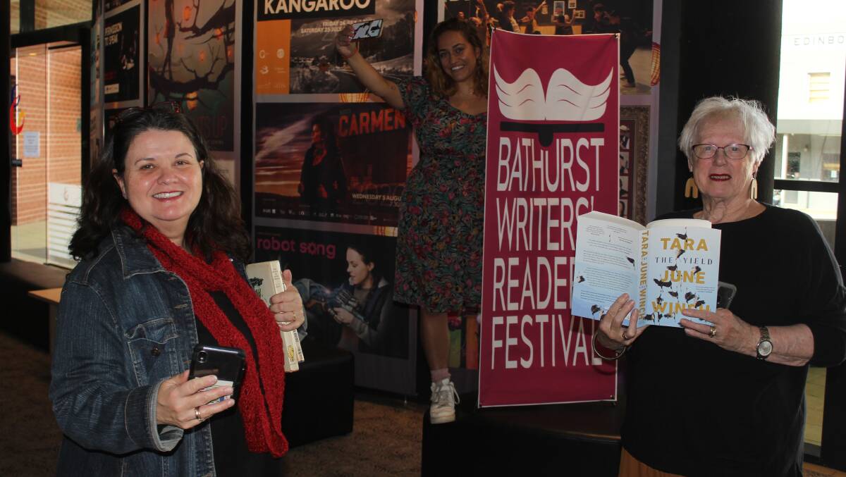 ONLINE: Bathurst Writers' and Readers' Festival organisers Kylie Shead and Heidi Anand, with Monica Morse ahead of the event's first night on Friday. Photo: BRADLEY JURD