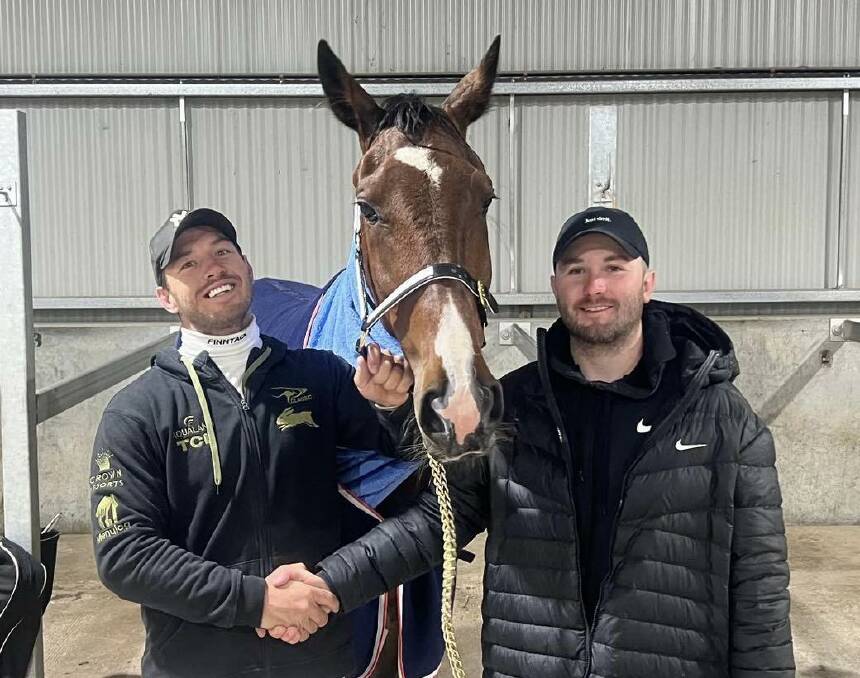 Doug Hewitt, McArdle Magic and Billy Kitt, following the win at the Bathurst Paceway on Wednesday. Picture from Bathurst Harness Racing Club Facebook page.