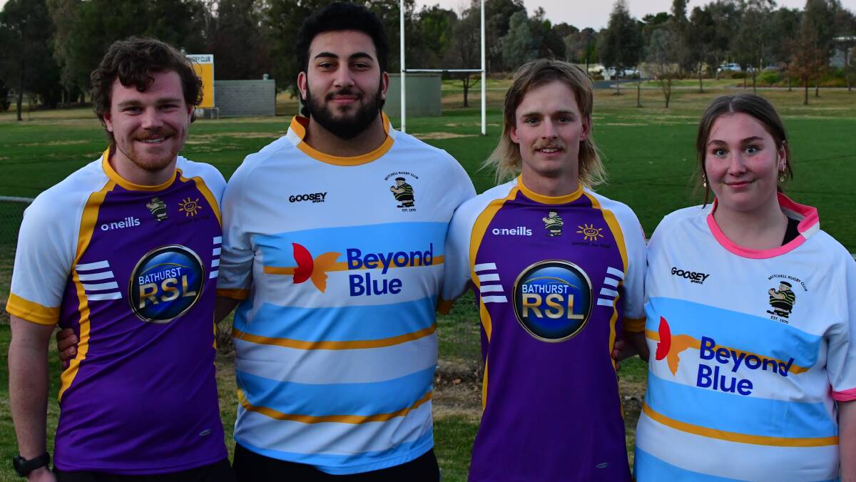 CSU-Mitchell Rugby's Ryan Dury, Joe Fajloun, Joey Cant and Fallon McHugh with the specially designed jerseys for Saturday's match against Mudgee. Picture by Bradley Jurd