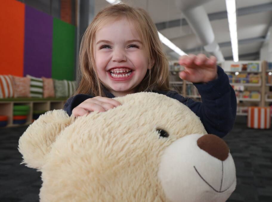 PLAYTIME: Three-year-old Jemima Jordan is looking forward to the Teddy Bears Sleepover and Storytime at the Bathurst Library next week. Photo: PHIL BLATCH