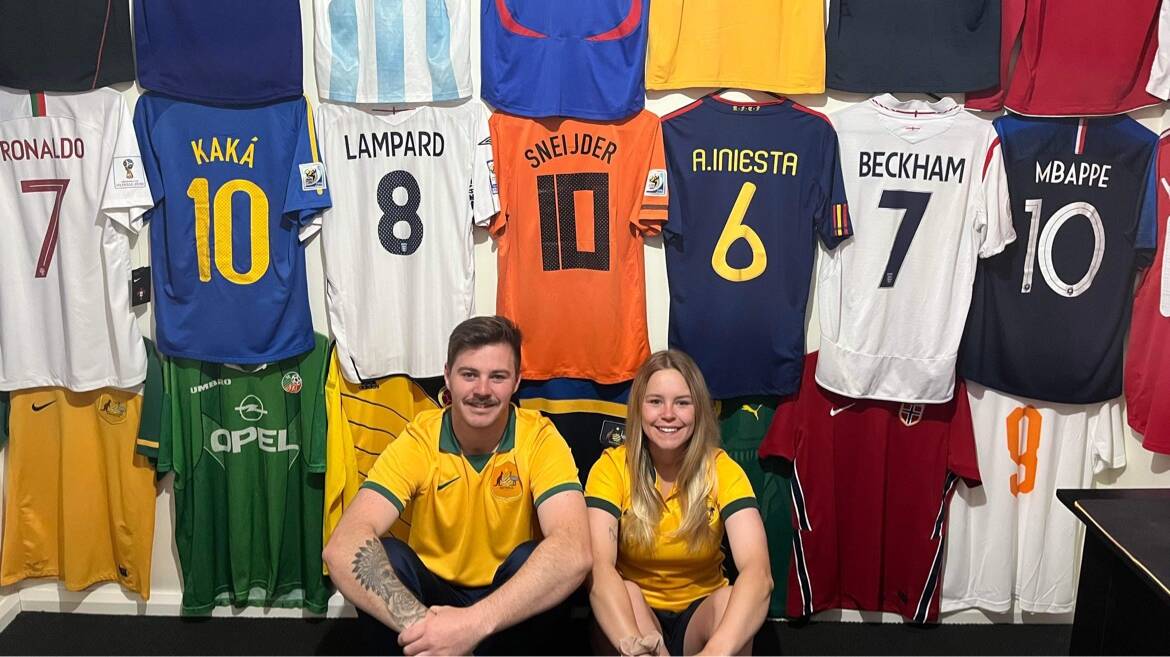 Macca Brophy and Taylah Murphy with their football shirt collection. Picture contributed. 
