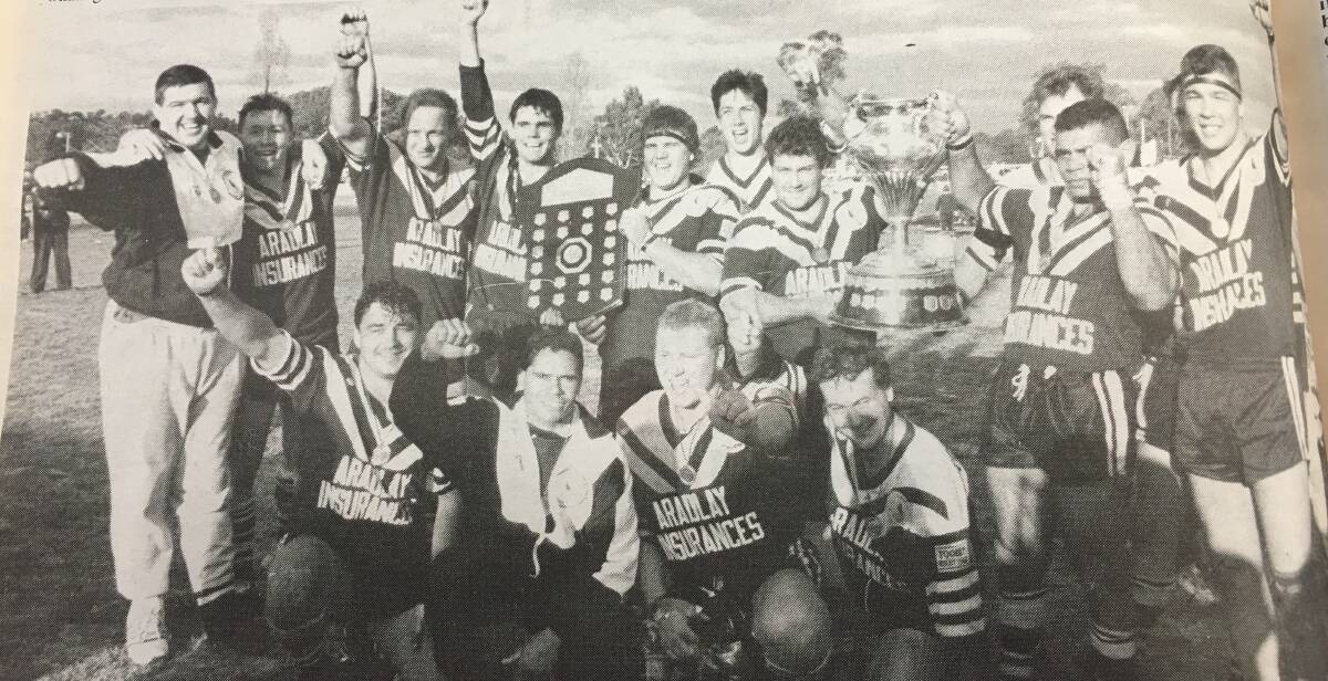 Cowra Magpies celebrate their 1992 premiership win over Bathurst Penguins.