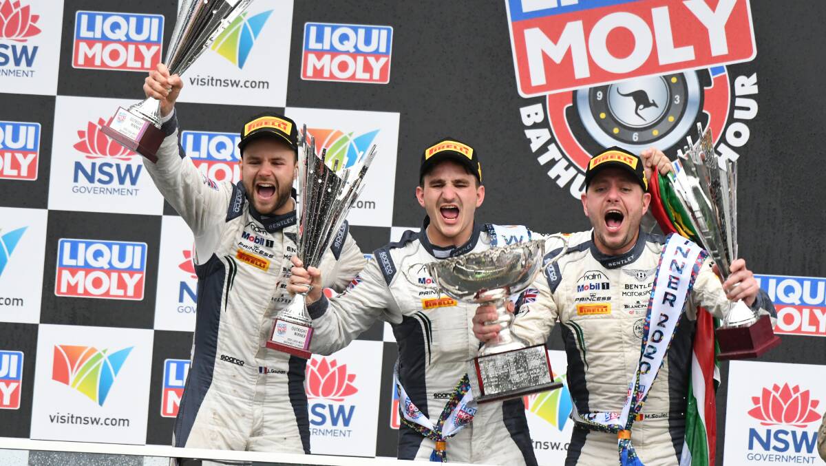 SUCCESS: Maxime Soulet, Jules Gounon and Jordan Pepper celebrate their win in the last Bathurst 12 Hour in 2020. Photo: CHRIS SEABROOK 