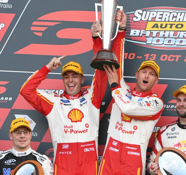 NO RETURN: Scott McLaughlin (left) pictured after he won the Bathurst 1000 in 2019. Photo: CHRIS SEABROOK