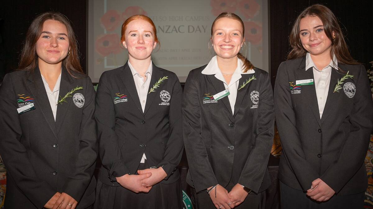 Kelso High Campus students Bonny Campiao, Emily Butler, Ally Evans and Leah Bellicture at the school's Anzac Day ceremony on Tuesday, April 30. Picture by James Arrow.