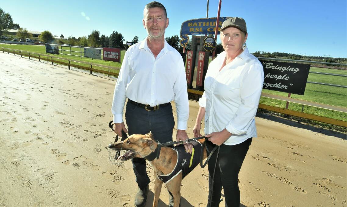 WIN: Meadow Flat's Glenn Starr and owner and trainer Tanya Nieuwendyk with Lebowski, winner in the first at Kennerson Park on Monday. Photo:CHRIS SEABROOK 041221cdogs2