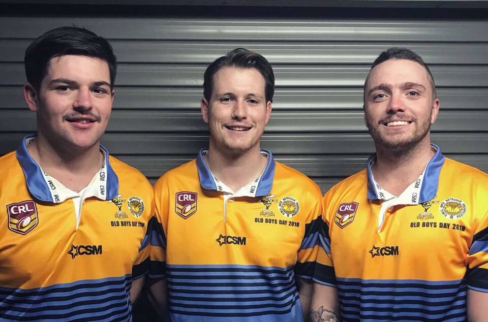 OLD BOYS' DAY: CSU Mungoes players Izaac Scott, president Brad Rushy and coach Riley Scelly. Photo: CSU MUNGOES RUGBY LEAUGE FACEBOOK PAGE