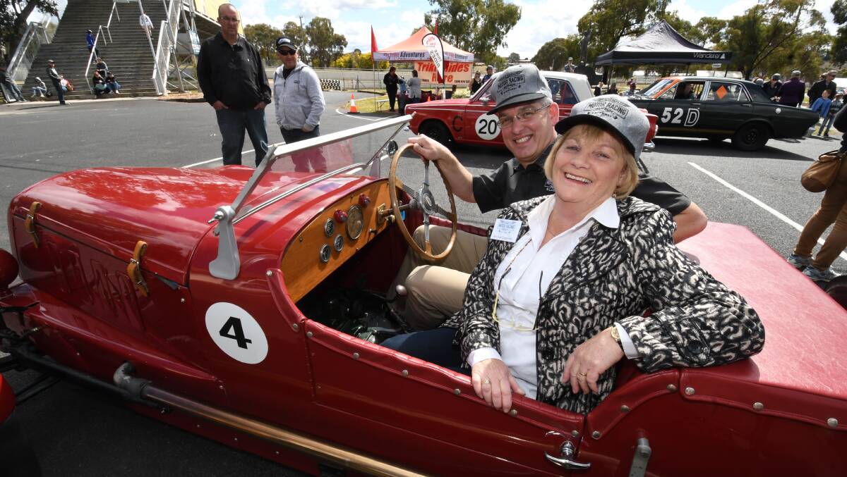 FATHER'S DAY: Former National Motor Racing Museum manager/curator Sue Chapman, with current museum coordinator Brad Owen in the George Reed Special replica. Photo:CHRIS SEABROOK  090218cdadsday
