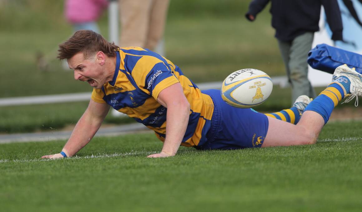 Adam Plummer celebrates scoring a try in the 2022 Blowes Cup grand final. He's left the Bulldogs for 2024, joining the Newcastle Wildfires in the Shute Shield. Picture by Phil Blatch
