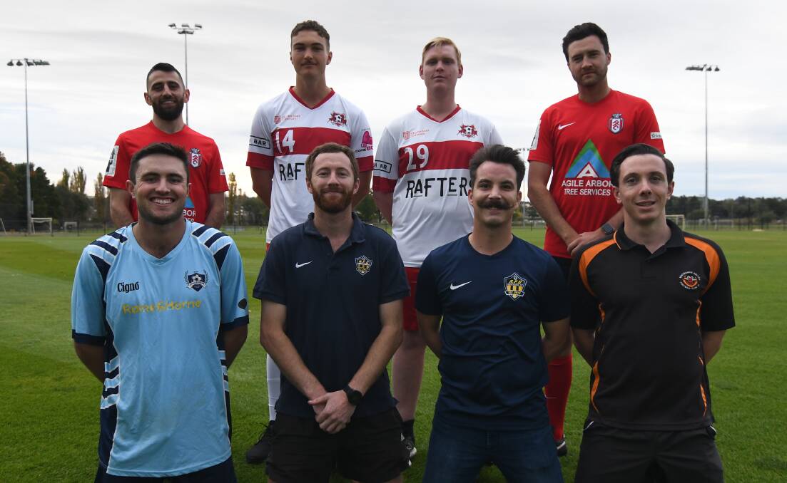 GAME ON: Back: Panorama's Jacob Soetens, CSU's Callum Weafer and Tom Murray and Panoram's Ben Fry. Front: Collegians' Lachy Pearce, Abercrombie's Josh Brown and Alexis Le Mason and Macquarie United's Angus Allen. Photo: BRADLEY JURD