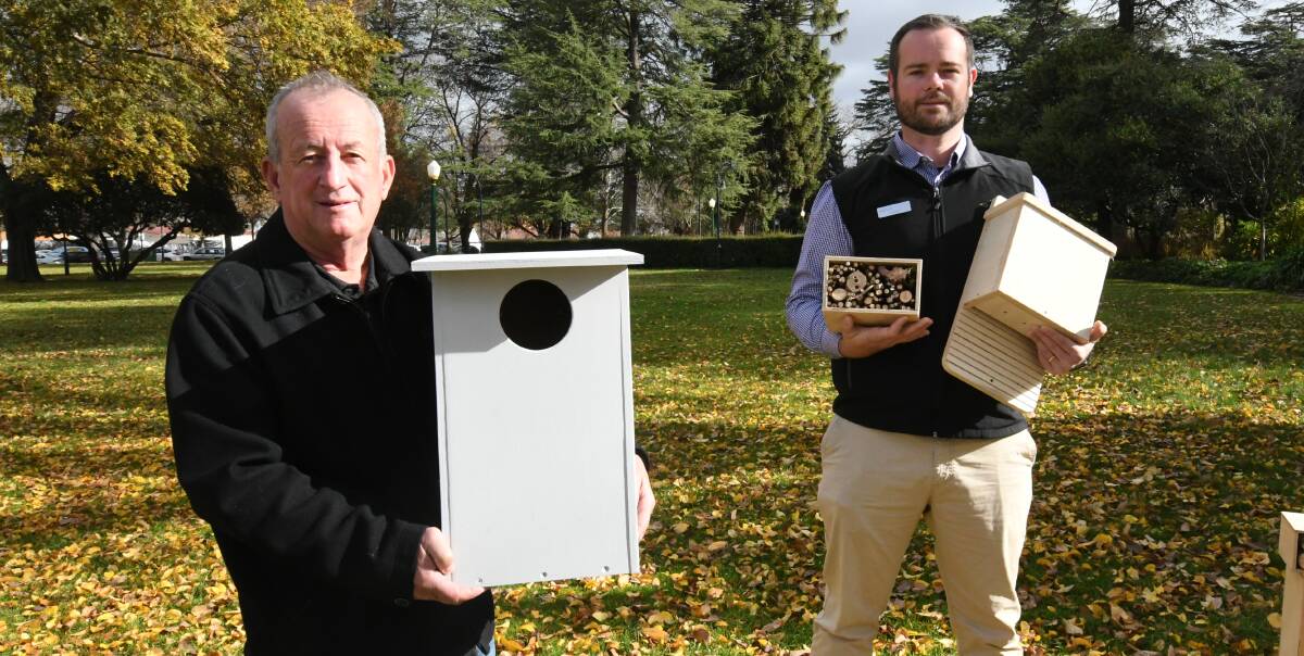RANGER: Bathurst mayor Bobby Bourke and council's environmental officer Thomas Staff with some of the animal boxes. Photo: BRADLEY JURD