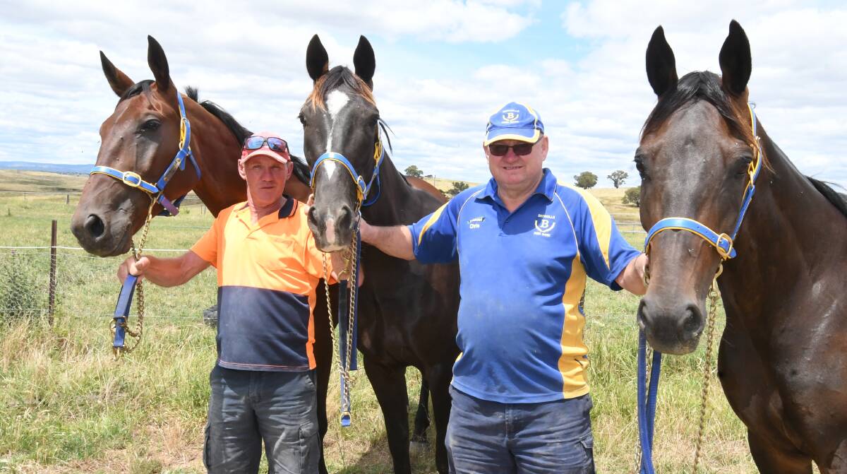 A BIG RACE: Ronnie Jones & Chris Frisby with Shirley Turnbull Memorial starters Aphorism, Uncle Jord and Our Uncle Sam. Photo: CHRIS SEABROOK