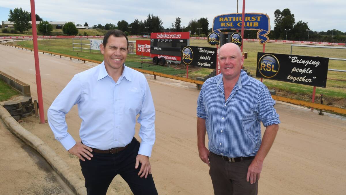VISIT: Greyhound Racing NSW CEO Tony Mestrov and Bathurst Greyhound Racing Club track manager Jason Lyne. Photo: CHRIS SEABROOK 