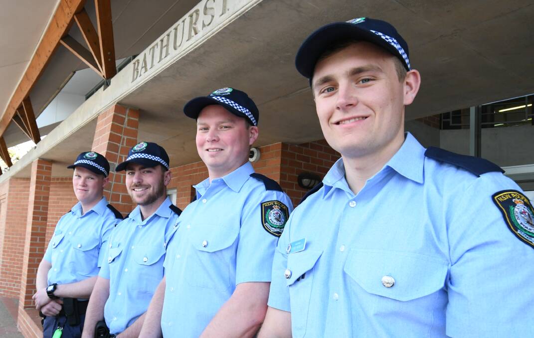 FINE YOUNG CONSTABLES: Probationary Constables Benjamin Cullen, Boyd Neal, Benjamin Whyte and Liam Hanley. Photo: CHRIS SEABROOK 082719cnewcops3