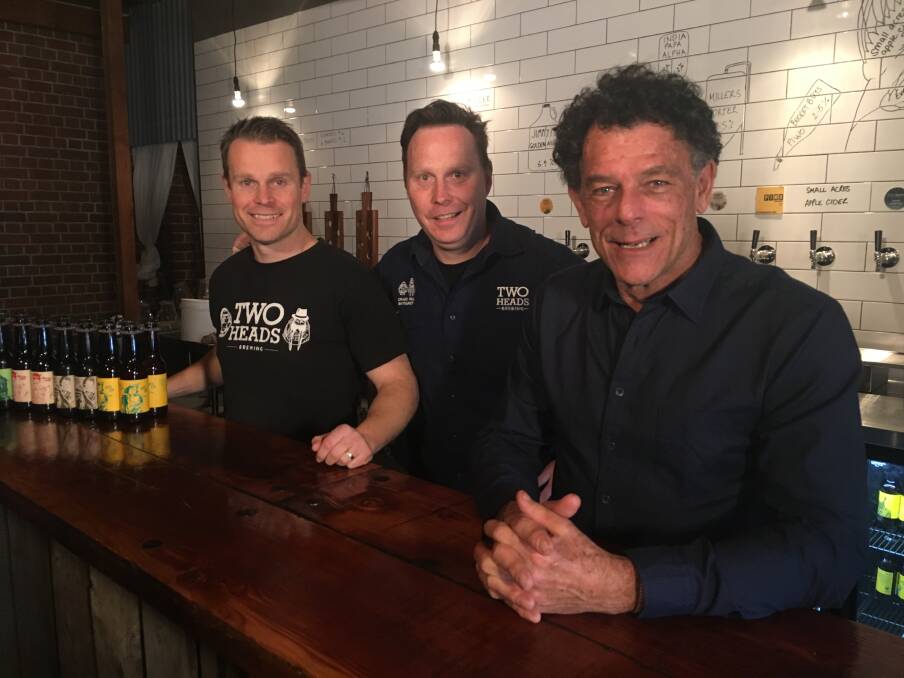 SHOWTIME: Two Heads Brewing co-owners Greg and Campbell Hedley and Sydney Weekender host Mike Whitney. Photo: SUPPLIED