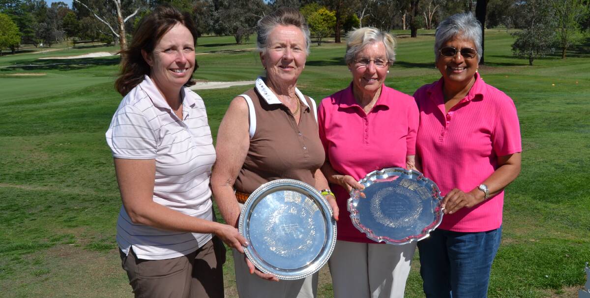 TOO GOOD: Division one winners Kerry Davis and Dee McCarthy, with division two winners Barbara Piddington and Manor Cooper. Photo: BRADLEY JURD 102517bjgolf