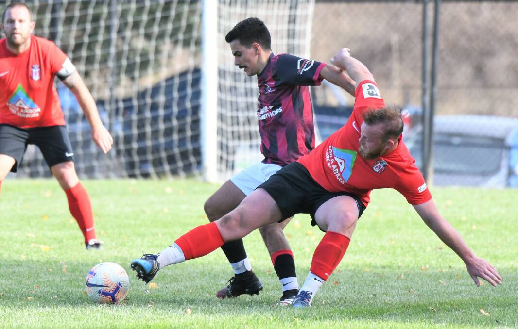 GOAL: Ryan Peacock, playing against Lithgow earlier this season, scored in Panorama's win on Friday night. Photo: CHRIS SEABROOK
