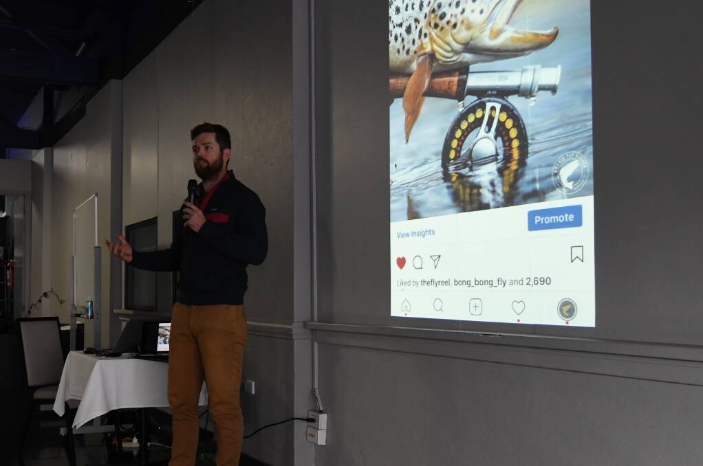 TROUT MEETING: Aussie Fly Fisher's Josh Hutchins addresses the gathering at Bathurst Panthers for the NSW Trout Strategy on Wednesday afternoon. Photo: CHRIS SEABROOK 051618ctrout 