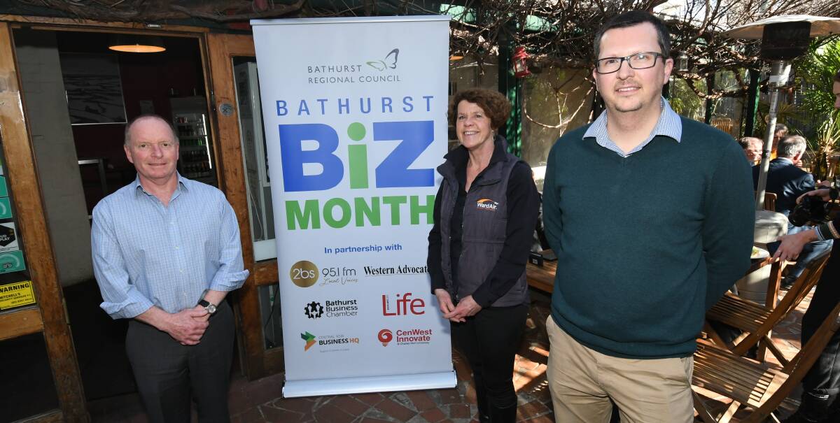 BIZMONTH: Western Advocate sales manager Nils Gustafson, business chamber's Catherine Fitzsimons and council's Steve Bowman. 